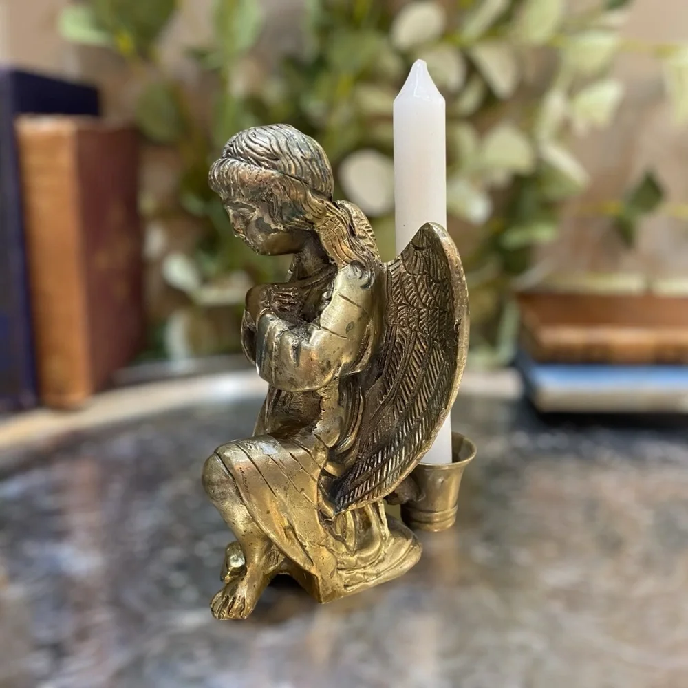 Vintage Brass Angel Candleholder Heavy Cast Metal Candlestick
